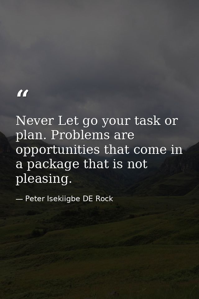 Never Let go your task or plan. Problems are opportunities that come in a package that is not pleasing. — Peter Isekiigbe DE Rock