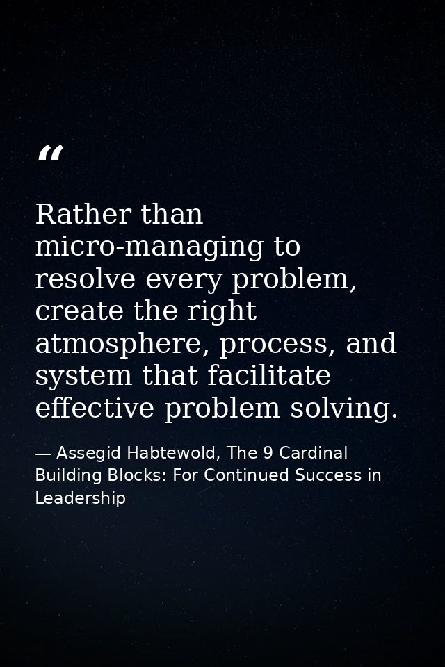 Rather than micro-managing to resolve every problem, create the right atmosphere, process, and system that facilitate ef — Assegid Habtewold, The 9 Cardinal Building Blocks: For Continued Success in Leadership