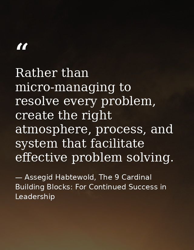 Rather than micro-managing to resolve every problem, create the right atmosphere, process, and system that facilitate ef — Assegid Habtewold, The 9 Cardinal Building Blocks: For Continued Success in Leadership