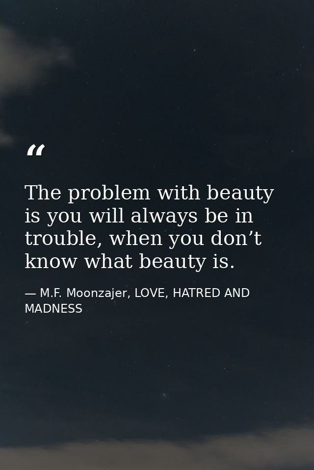 The problem with beauty is you will always be in trouble, when you don’t know what beauty is. — M.F. Moonzajer, LOVE, HATRED AND MADNESS