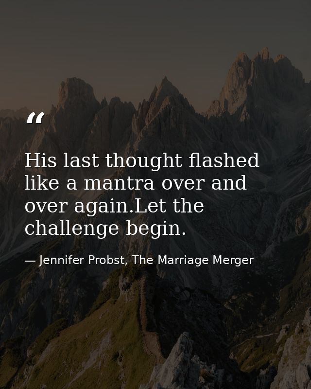 His last thought flashed like a mantra over and over again.Let the challenge begin. — Jennifer Probst, The Marriage Merger