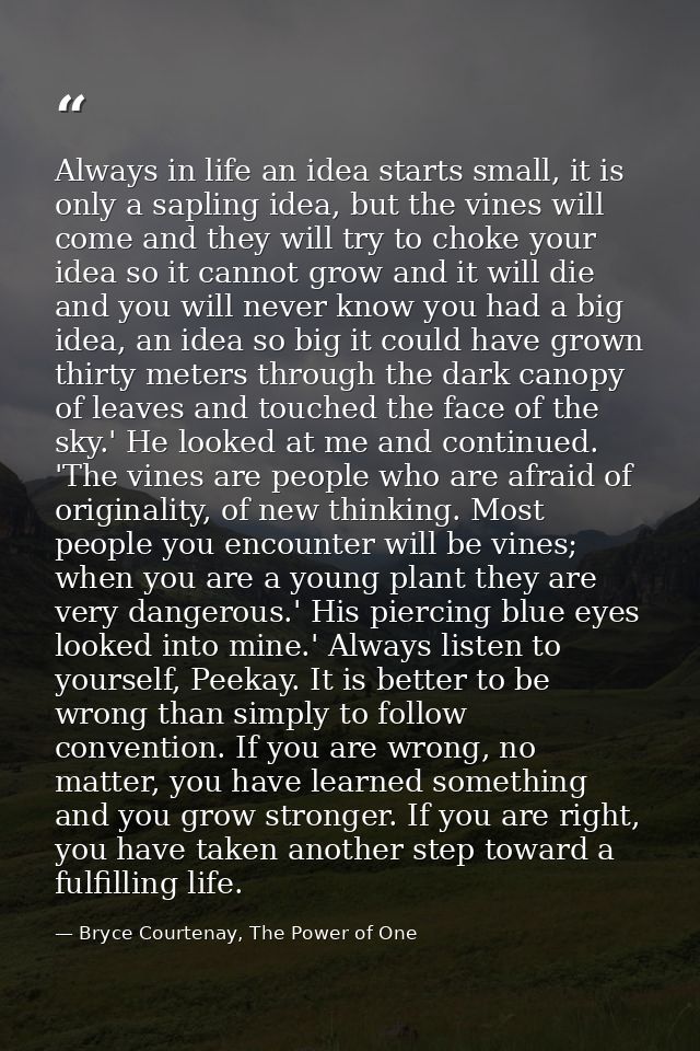 Always in life an idea starts small, it is only a sapling idea, but the vines will come and they will try to choke your  — Bryce Courtenay, The Power of One