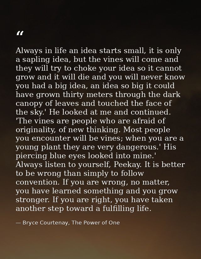 Always in life an idea starts small, it is only a sapling idea, but the vines will come and they will try to choke your  — Bryce Courtenay, The Power of One