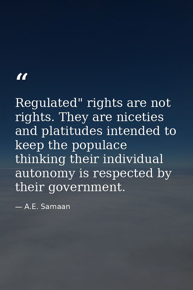 Regulated" rights are not rights. They are niceties and platitudes intended to keep the populace thinking their individu — A.E. Samaan