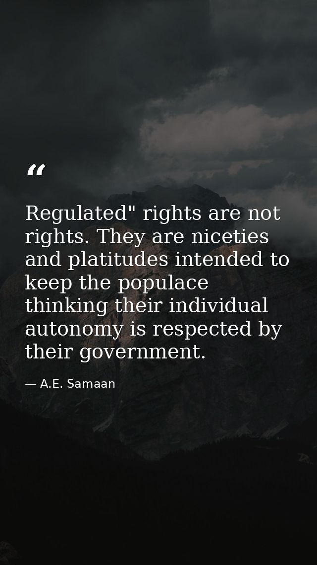 Regulated" rights are not rights. They are niceties and platitudes intended to keep the populace thinking their individu — A.E. Samaan