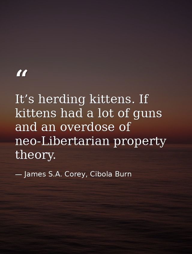 It’s herding kittens. If kittens had a lot of guns and an overdose of neo-Libertarian property theory. — James S.A. Corey, Cibola Burn