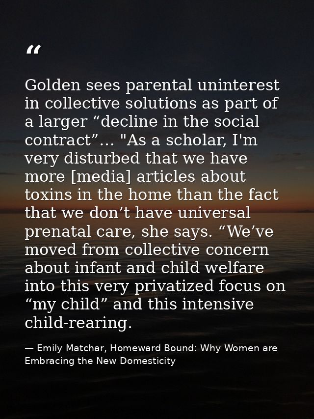 Golden sees parental uninterest in collective solutions as part of a larger “decline in the social contract”… "As a scho — Emily Matchar, Homeward Bound: Why Women are Embracing the New Domesticity
