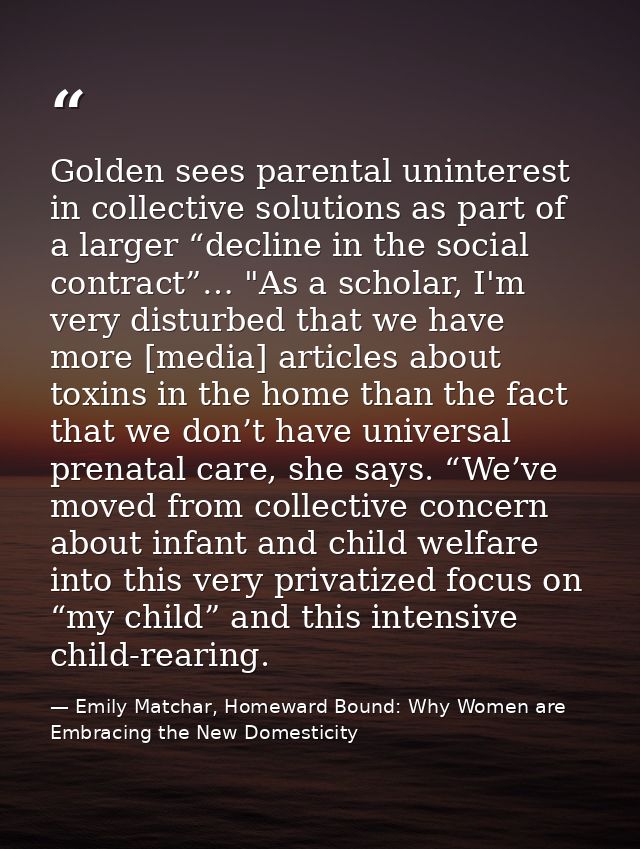 Golden sees parental uninterest in collective solutions as part of a larger “decline in the social contract”… "As a scho — Emily Matchar, Homeward Bound: Why Women are Embracing the New Domesticity