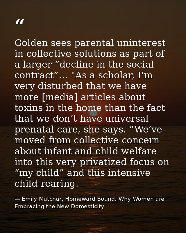 Golden sees parental uninterest in collective solutions as part of a larger “decline in the social contract”… "As a scho — Emily Matchar, Homeward Bound: Why Women are Embracing the New Domesticity
