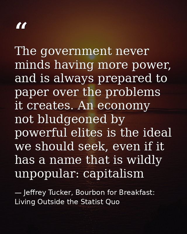The government never minds having more power, and is always prepared to paper over the problems it creates. An economy n — Jeffrey Tucker, Bourbon for Breakfast: Living Outside the Statist Quo