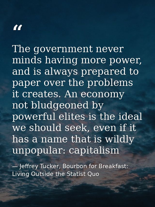 The government never minds having more power, and is always prepared to paper over the problems it creates. An economy n — Jeffrey Tucker, Bourbon for Breakfast: Living Outside the Statist Quo