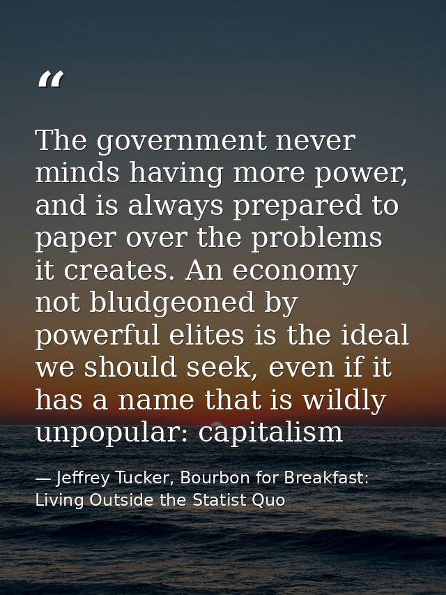The government never minds having more power, and is always prepared to paper over the problems it creates. An economy n — Jeffrey Tucker, Bourbon for Breakfast: Living Outside the Statist Quo