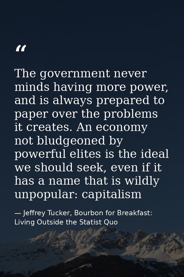 The government never minds having more power, and is always prepared to paper over the problems it creates. An economy n — Jeffrey Tucker, Bourbon for Breakfast: Living Outside the Statist Quo
