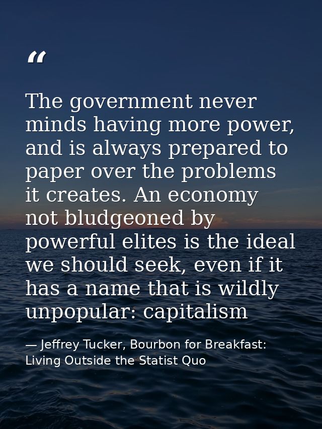 The government never minds having more power, and is always prepared to paper over the problems it creates. An economy n — Jeffrey Tucker, Bourbon for Breakfast: Living Outside the Statist Quo