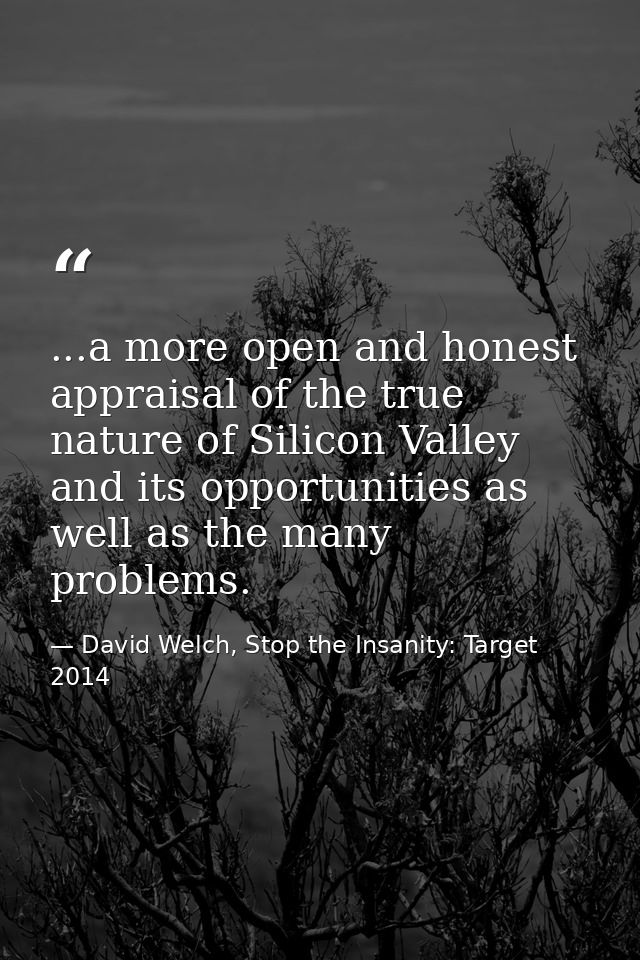 ...a more open and honest appraisal of the true nature of Silicon Valley and its opportunities as well as the many probl — David Welch, Stop the Insanity: Target 2014