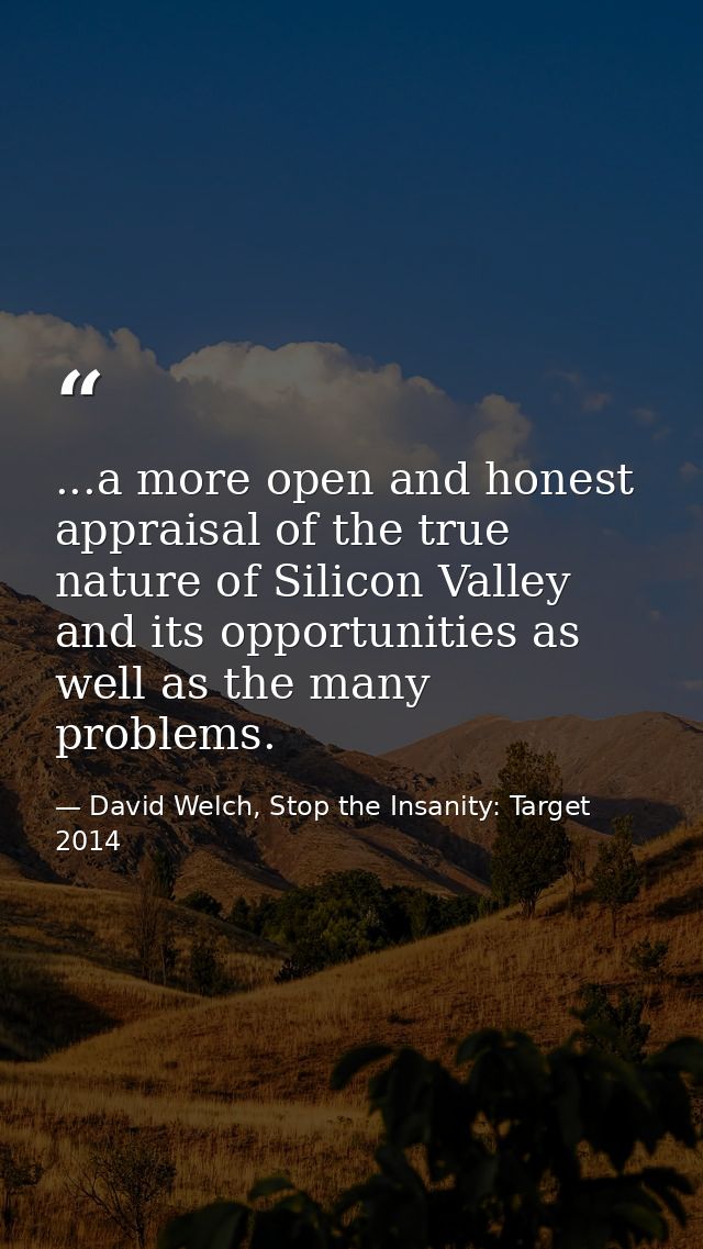 ...a more open and honest appraisal of the true nature of Silicon Valley and its opportunities as well as the many probl — David Welch, Stop the Insanity: Target 2014