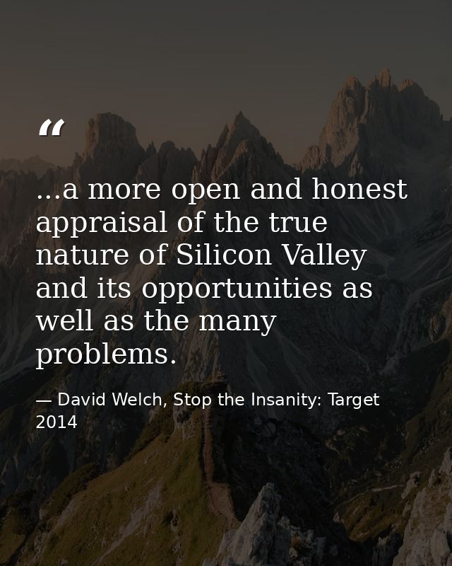...a more open and honest appraisal of the true nature of Silicon Valley and its opportunities as well as the many probl — David Welch, Stop the Insanity: Target 2014