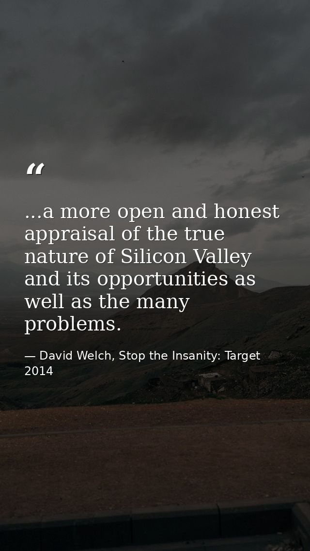 ...a more open and honest appraisal of the true nature of Silicon Valley and its opportunities as well as the many probl — David Welch, Stop the Insanity: Target 2014
