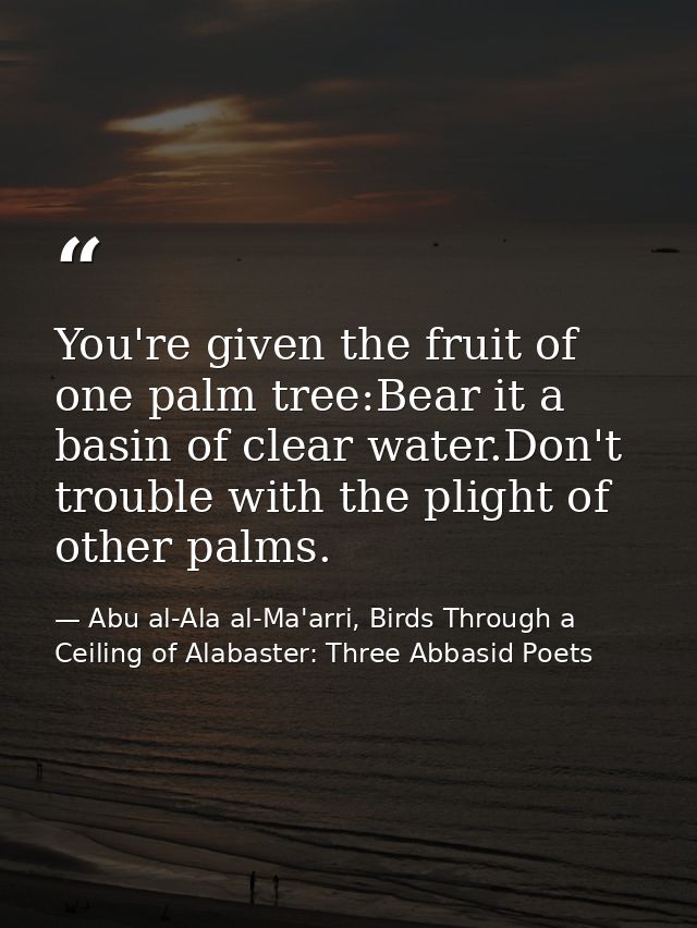 You're given the fruit of one palm tree:Bear it a basin of clear water.Don't trouble with the plight of other palms. — Abu al-Ala al-Ma'arri, Birds Through a Ceiling of Alabaster: Three Abbasid Poets