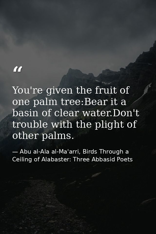 You're given the fruit of one palm tree:Bear it a basin of clear water.Don't trouble with the plight of other palms. — Abu al-Ala al-Ma'arri, Birds Through a Ceiling of Alabaster: Three Abbasid Poets