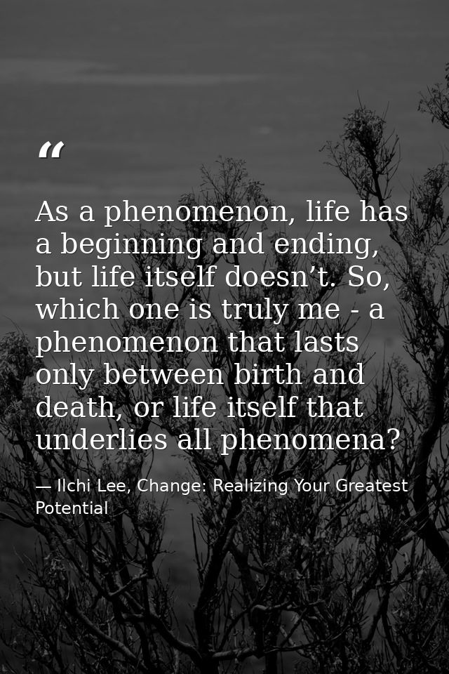 As a phenomenon, life has a beginning and ending, but life itself doesn’t. So, which one is truly me - a phenomenon that — Ilchi Lee, Change: Realizing Your Greatest Potential
