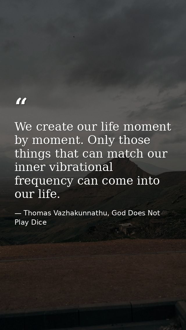We create our life moment by moment. Only those things that can match our inner vibrational frequency can come into our  — Thomas Vazhakunnathu, God Does Not Play Dice