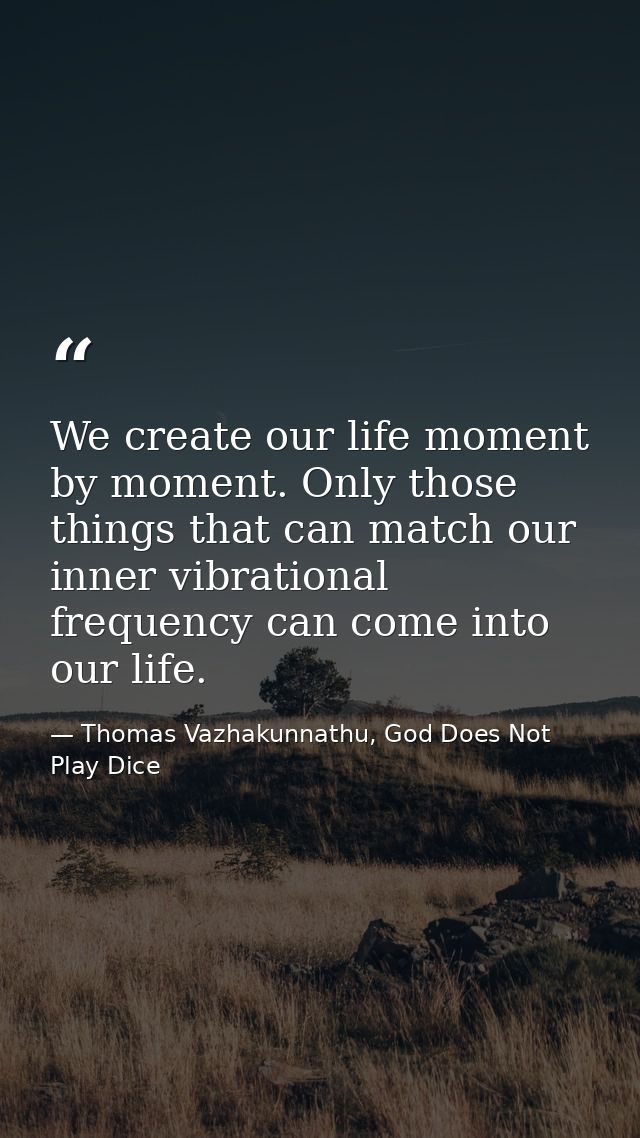 We create our life moment by moment. Only those things that can match our inner vibrational frequency can come into our  — Thomas Vazhakunnathu, God Does Not Play Dice
