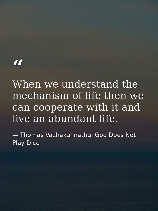 When we understand the mechanism of life then we can cooperate with it and live an abundant life. — Thomas Vazhakunnathu, God Does Not Play Dice