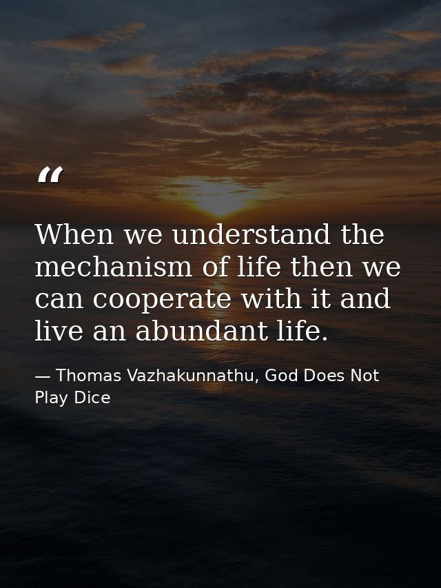 When we understand the mechanism of life then we can cooperate with it and live an abundant life. — Thomas Vazhakunnathu, God Does Not Play Dice