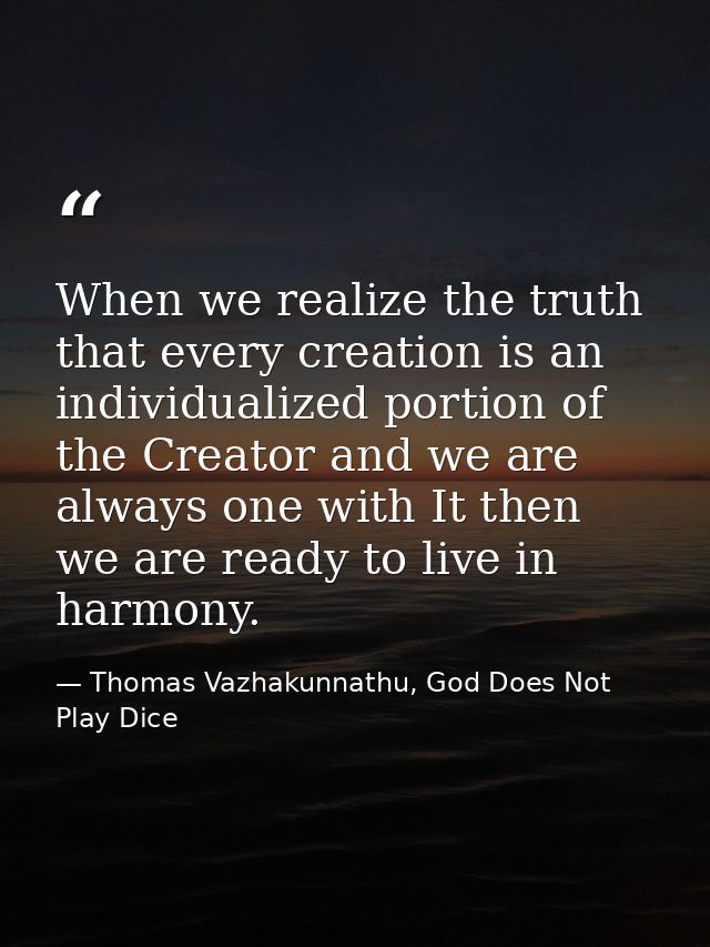 When we realize the truth that every creation is an individualized portion of the Creator and we are always one with It  — Thomas Vazhakunnathu, God Does Not Play Dice