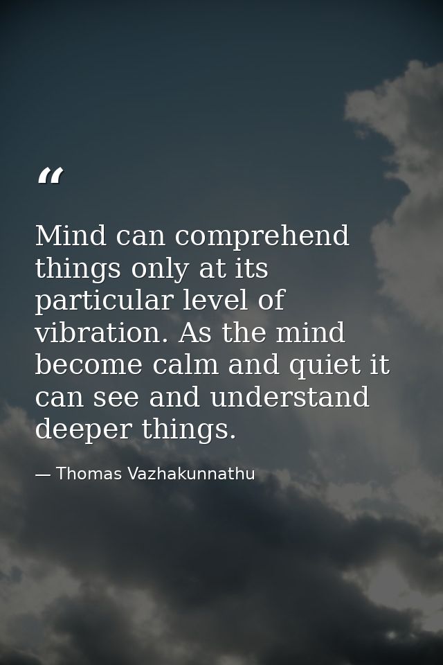 Mind can comprehend things only at its particular level of vibration. As the mind become calm and quiet it can see and u — Thomas Vazhakunnathu