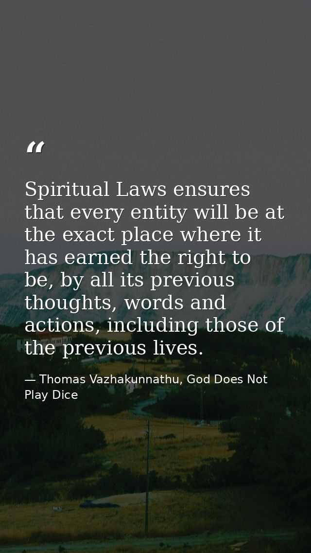 Spiritual Laws ensures that every entity will be at the exact place where it has earned the right to be, by all its prev — Thomas Vazhakunnathu, God Does Not Play Dice