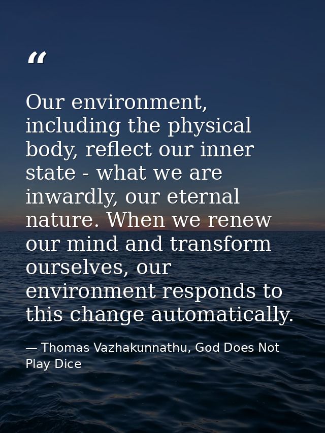 Our environment, including the physical body, reflect our inner state - what we are inwardly, our eternal nature. When w — Thomas Vazhakunnathu, God Does Not Play Dice