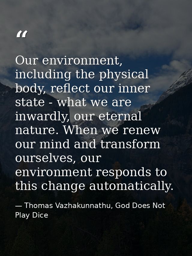 Our environment, including the physical body, reflect our inner state - what we are inwardly, our eternal nature. When w — Thomas Vazhakunnathu, God Does Not Play Dice