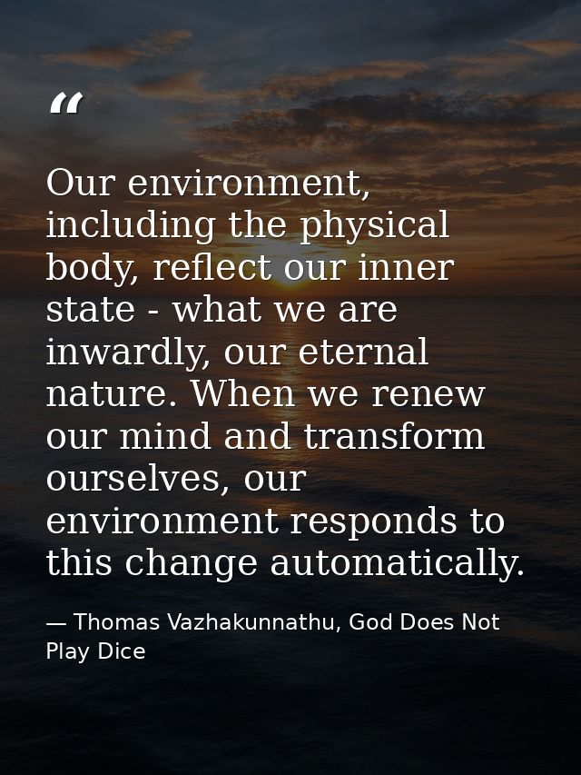 Our environment, including the physical body, reflect our inner state - what we are inwardly, our eternal nature. When w — Thomas Vazhakunnathu, God Does Not Play Dice