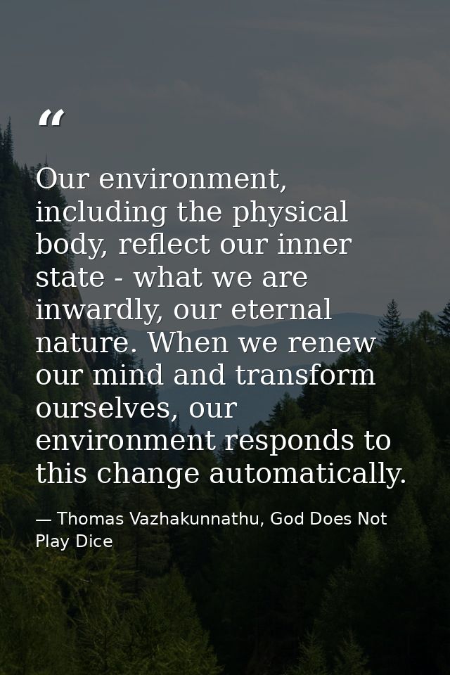 Our environment, including the physical body, reflect our inner state - what we are inwardly, our eternal nature. When w — Thomas Vazhakunnathu, God Does Not Play Dice