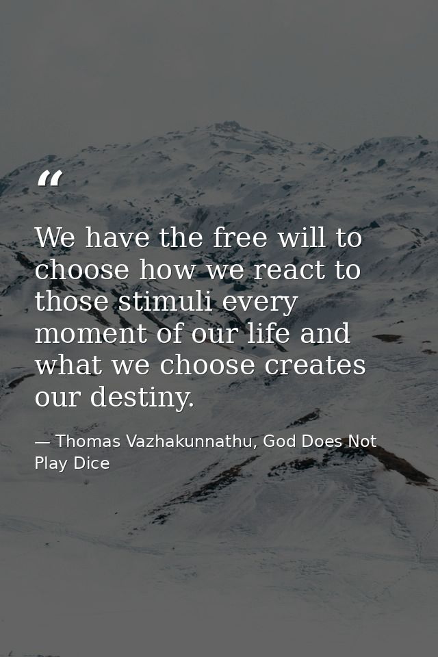 We have the free will to choose how we react to those stimuli every moment of our life and what we choose creates our de — Thomas Vazhakunnathu, God Does Not Play Dice