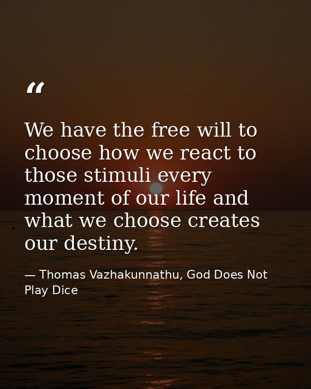 We have the free will to choose how we react to those stimuli every moment of our life and what we choose creates our de — Thomas Vazhakunnathu, God Does Not Play Dice