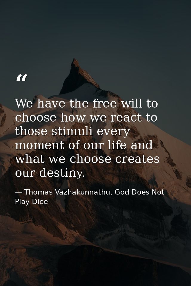 We have the free will to choose how we react to those stimuli every moment of our life and what we choose creates our de — Thomas Vazhakunnathu, God Does Not Play Dice