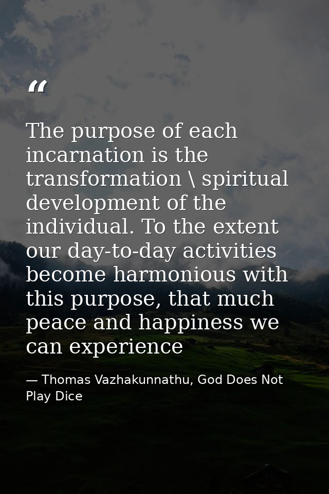 The purpose of each incarnation is the transformation \ spiritual development of the individual. To the extent our day-t — Thomas Vazhakunnathu, God Does Not Play Dice