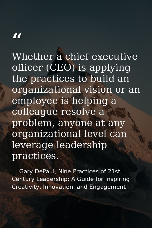 Whether a chief executive ofﬁcer (CEO) is applying the practices to build an organizational vision or an employee is hel — Gary DePaul, Nine Practices of 21st Century Leadership: A Guide for Inspiring Creativity, Innovation, and Engagement