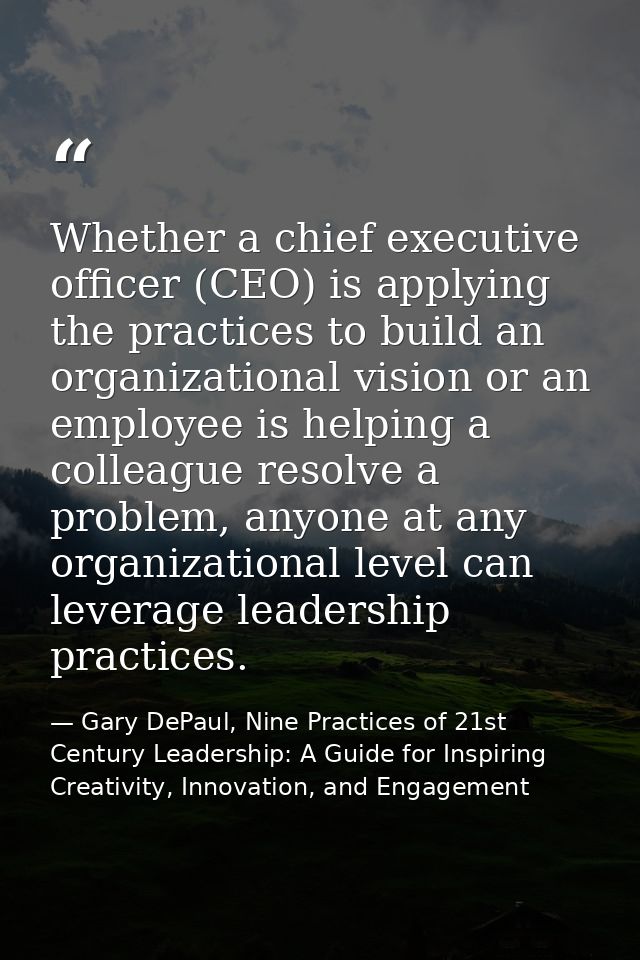 Whether a chief executive ofﬁcer (CEO) is applying the practices to build an organizational vision or an employee is hel — Gary DePaul, Nine Practices of 21st Century Leadership: A Guide for Inspiring Creativity, Innovation, and Engagement