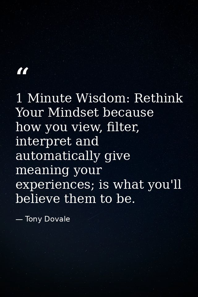 1 Minute Wisdom: Rethink Your Mindset because how you view, filter, interpret and automatically give meaning your experi — Tony Dovale