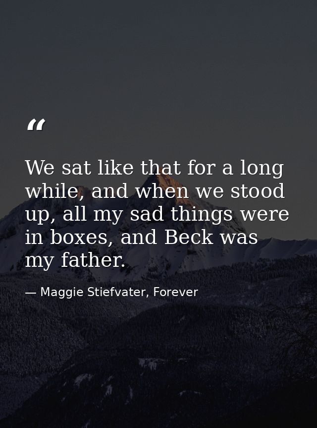 We sat like that for a long while, and when we stood up, all my sad things were in boxes, and Beck was my father. — Maggie Stiefvater, Forever