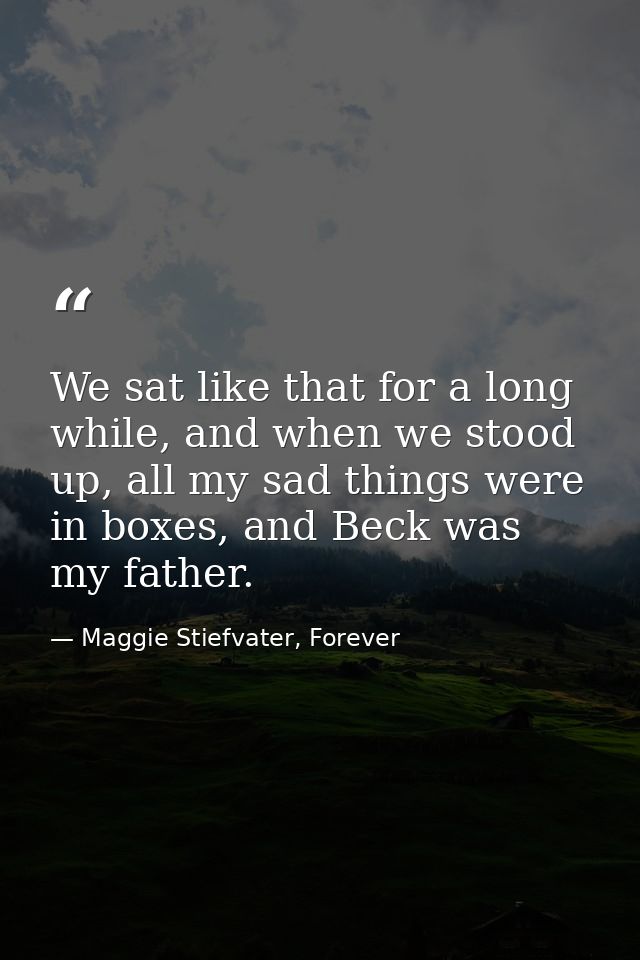 We sat like that for a long while, and when we stood up, all my sad things were in boxes, and Beck was my father. — Maggie Stiefvater, Forever