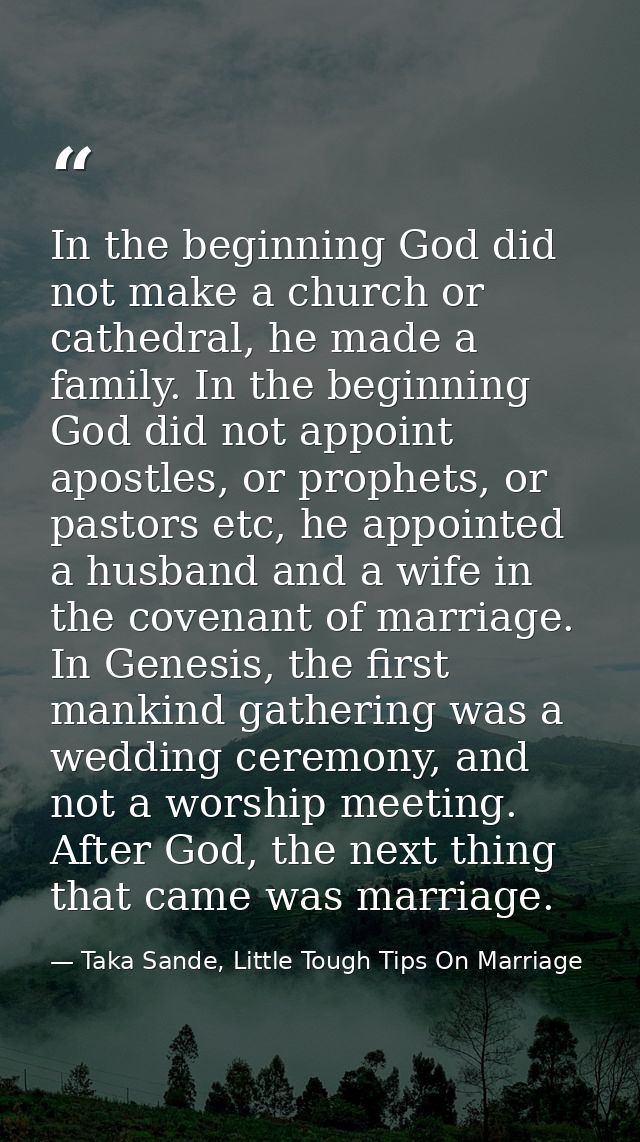 In the beginning God did not make a church or cathedral, he made a family. In the beginning God did not appoint apostles — Taka Sande, Little Tough Tips On Marriage