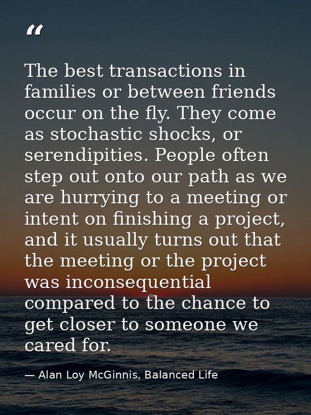 The best transactions in families or between friends occur on the fly. They come as stochastic shocks, or serendipities. — Alan Loy McGinnis, Balanced Life
