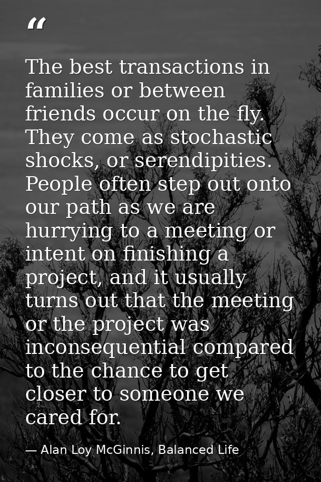 The best transactions in families or between friends occur on the fly. They come as stochastic shocks, or serendipities. — Alan Loy McGinnis, Balanced Life