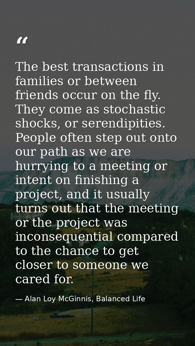 The best transactions in families or between friends occur on the fly. They come as stochastic shocks, or serendipities. — Alan Loy McGinnis, Balanced Life