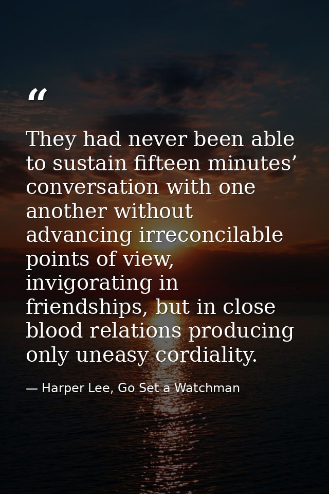They had never been able to sustain fifteen minutes’ conversation with one another without advancing irreconcilable poin — Harper Lee, Go Set a Watchman